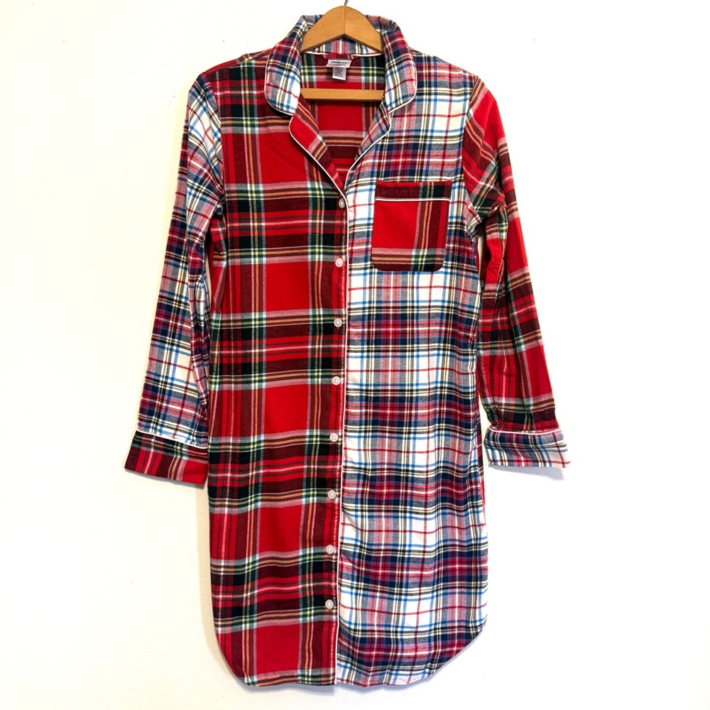 LANDS' END Flannel Nightshirt Women's Mixed Plaid Pajama Button Up Size XS (2-4)